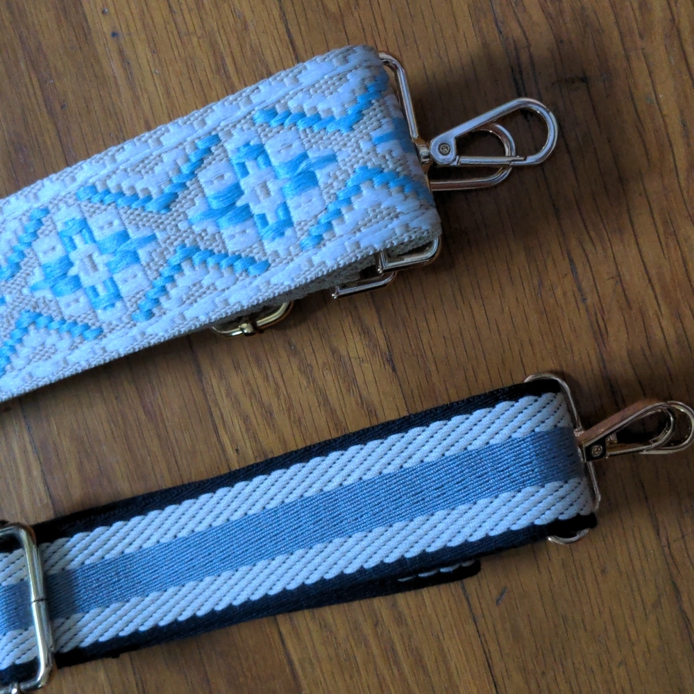 Two Adjustable Replacement Purse Straps Guitar Woven Black White Blue Tan Gold